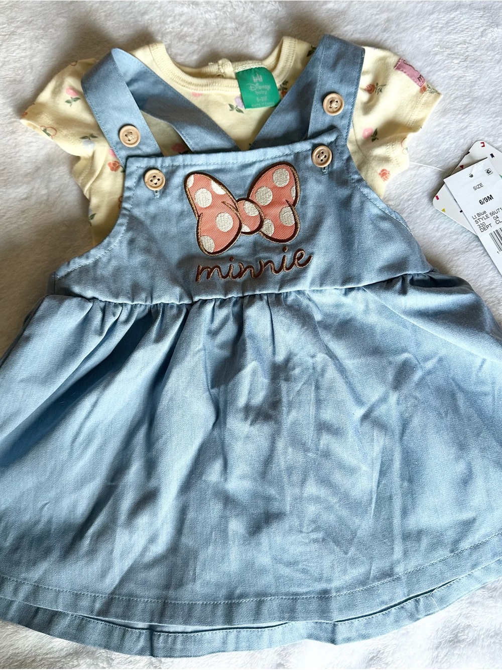 Disney Light Blue Denim-Style Pinafore with Pink Polka Dot Minnie Bow